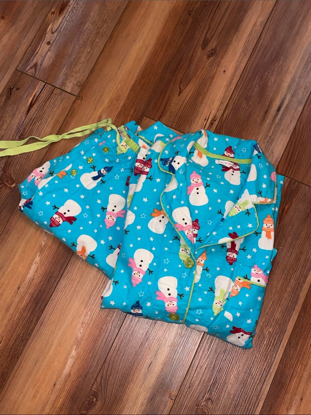 Women’s  Turquoise Snowman Pajama Set with Lime Trim